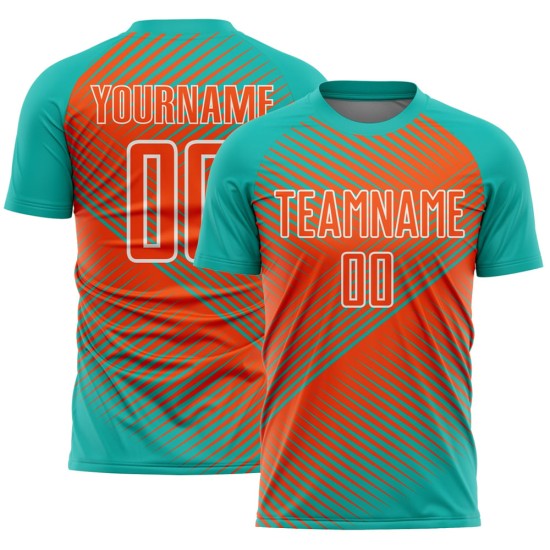 Custom Aqua Orange-White Line Sublimation Soccer Uniform Jersey Custom Aqua Orange-White Line Sublimation Soccer Uniform Jersey
