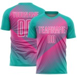Custom Aqua Pink-White Line Sublimation Soccer Uniform Jersey Custom Aqua Pink-White Line Sublimation Soccer Uniform Jersey