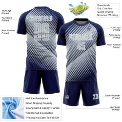 Custom Navy Silver-White Line Sublimation Soccer Uniform Jersey Custom Navy Silver-White Line Sublimation Soccer Uniform Jersey