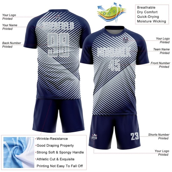 Custom Navy Silver-White Line Sublimation Soccer Uniform Jersey Custom Navy Silver-White Line Sublimation Soccer Uniform Jersey
