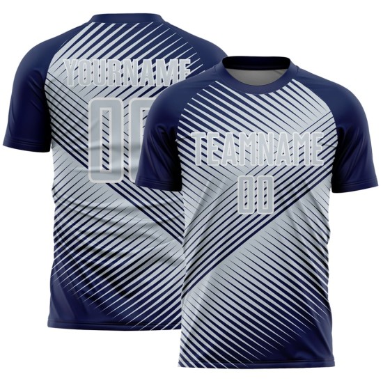 Custom Navy Silver-White Line Sublimation Soccer Uniform Jersey Custom Navy Silver-White Line Sublimation Soccer Uniform Jersey
