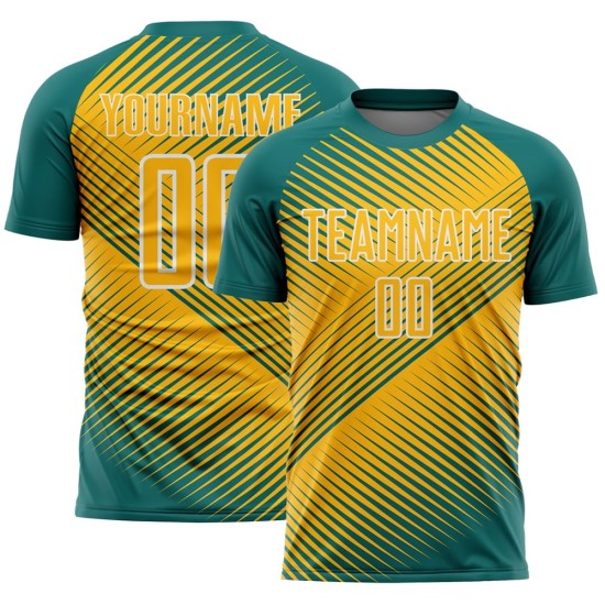 Custom Teal Gold-White Line Sublimation Soccer Uniform Jersey