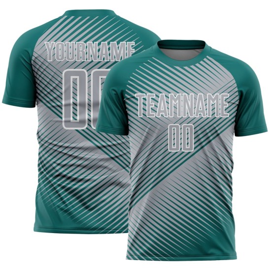 Custom Teal Gray-White Line Sublimation Soccer Uniform Jersey