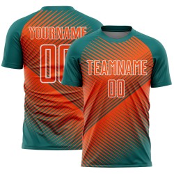 Custom Teal Orange-White Line Sublimation Soccer Uniform Jersey